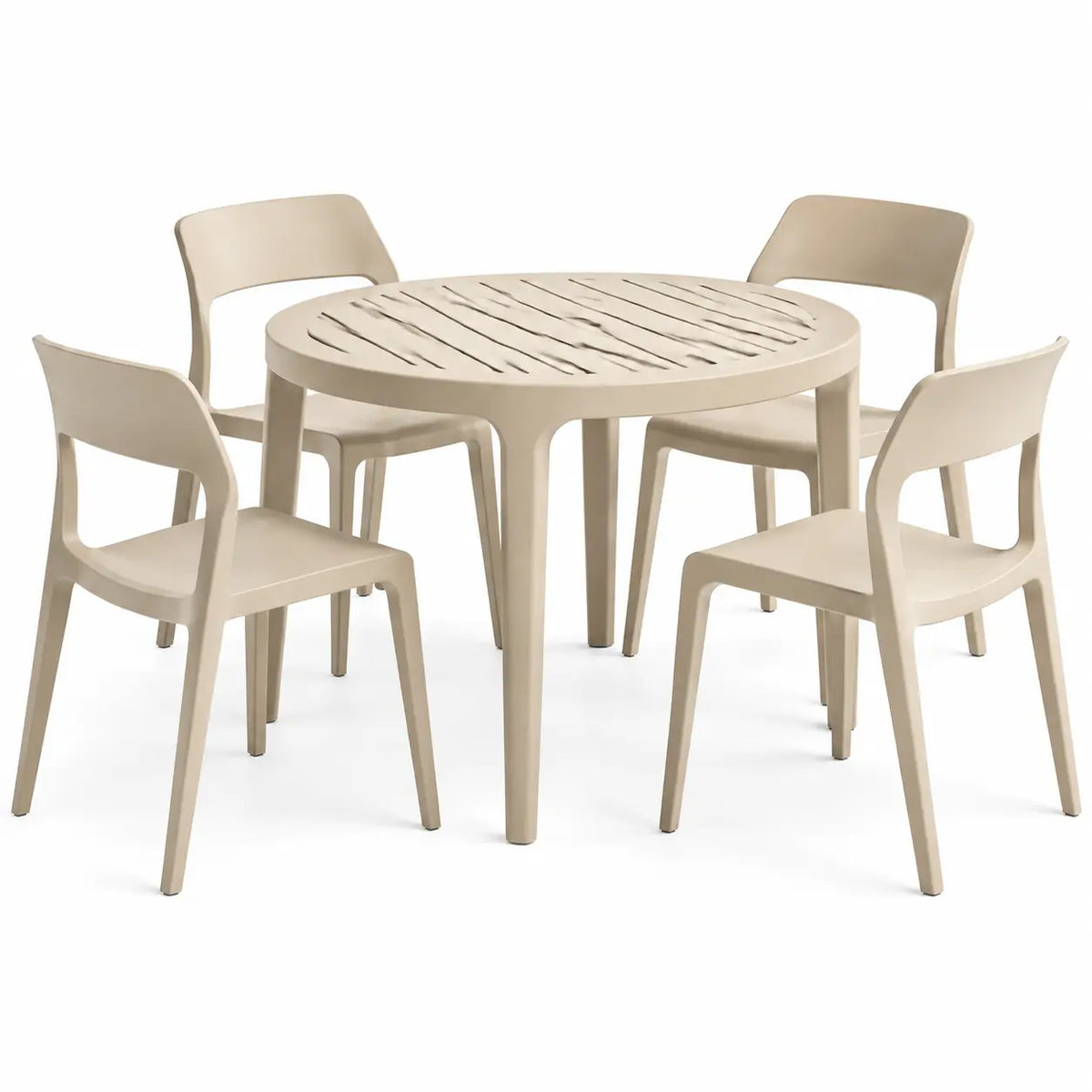 Conjunto de mesa y cuatro sillas de contorno redondeado, beige y marrón