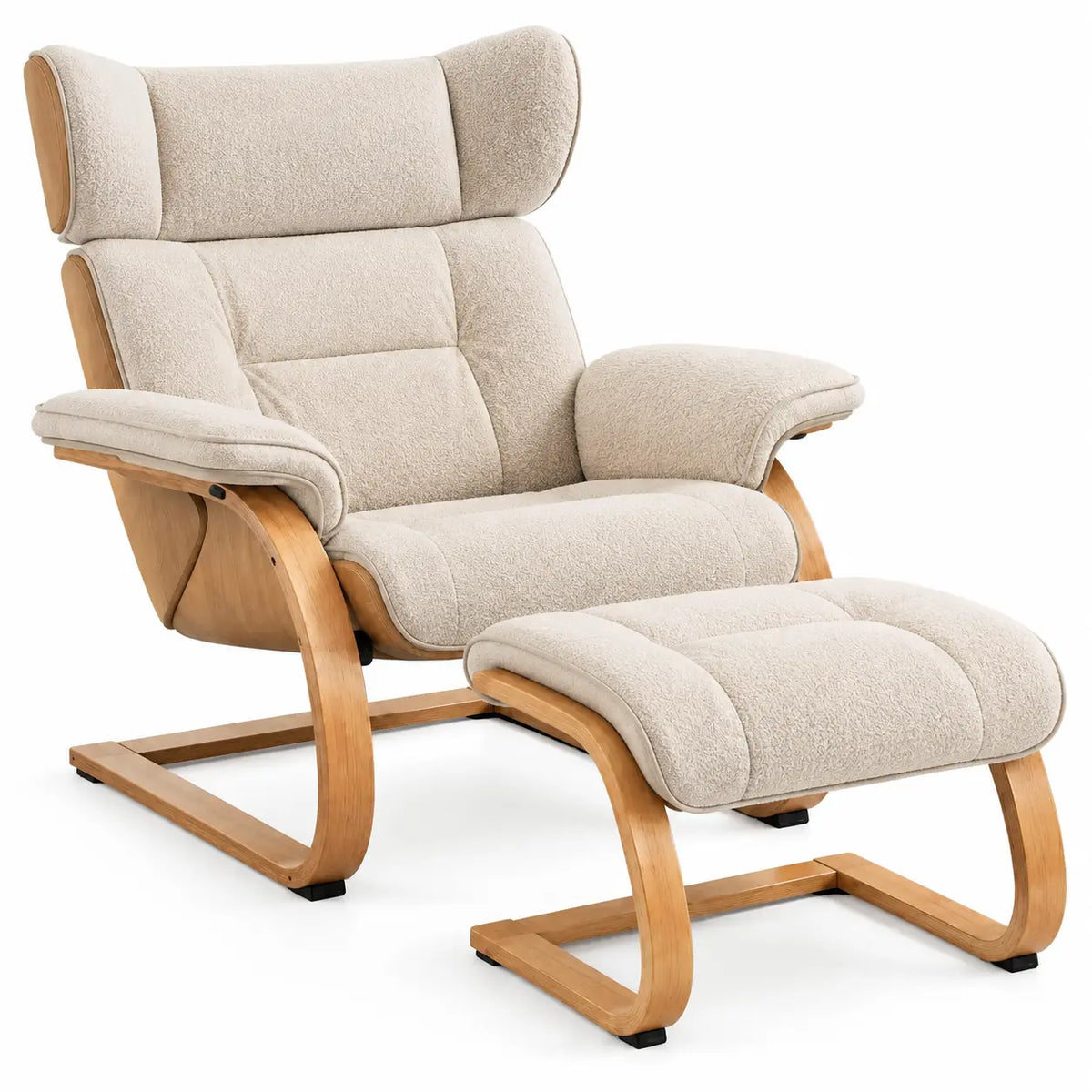 Sillón con reposapiés con respaldo alto, beige y marrón