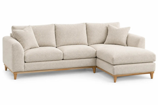 Sofá esquinero tapizado con patas elevadas, beige y marrón