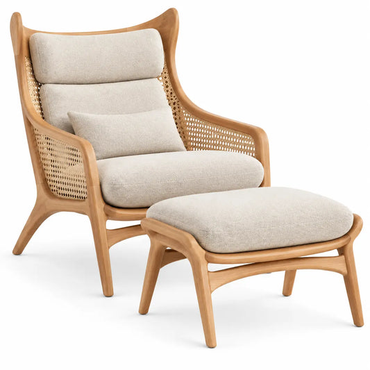 Sillón con reposapiés con detalles de entramado y respaldo alto, beige y marrón