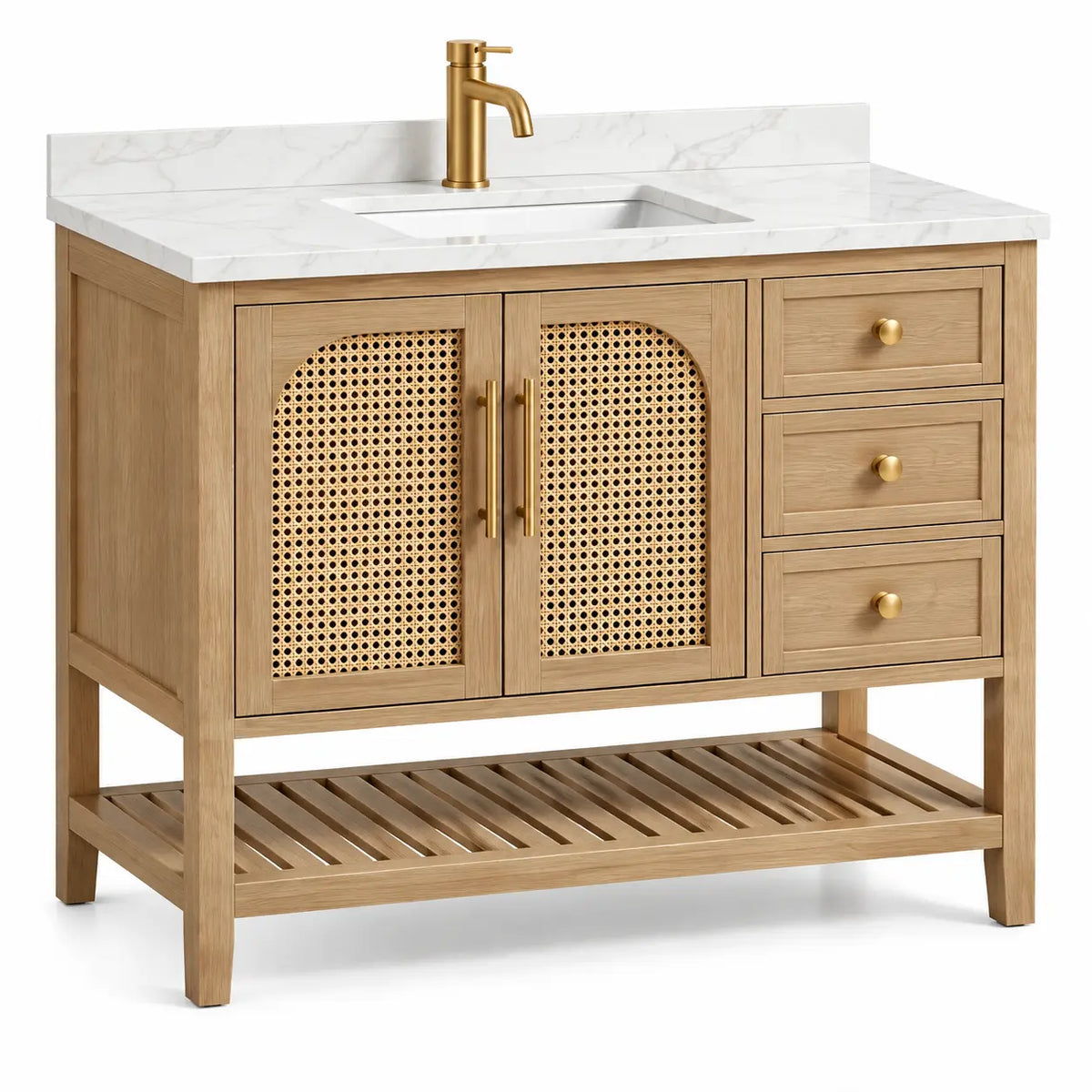 Mueble de baño con lavabo con detalles de entramado y cajones, marrón y blanco