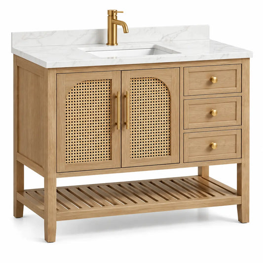 Mueble de baño con lavabo con detalles de entramado y cajones, marrón y blanco