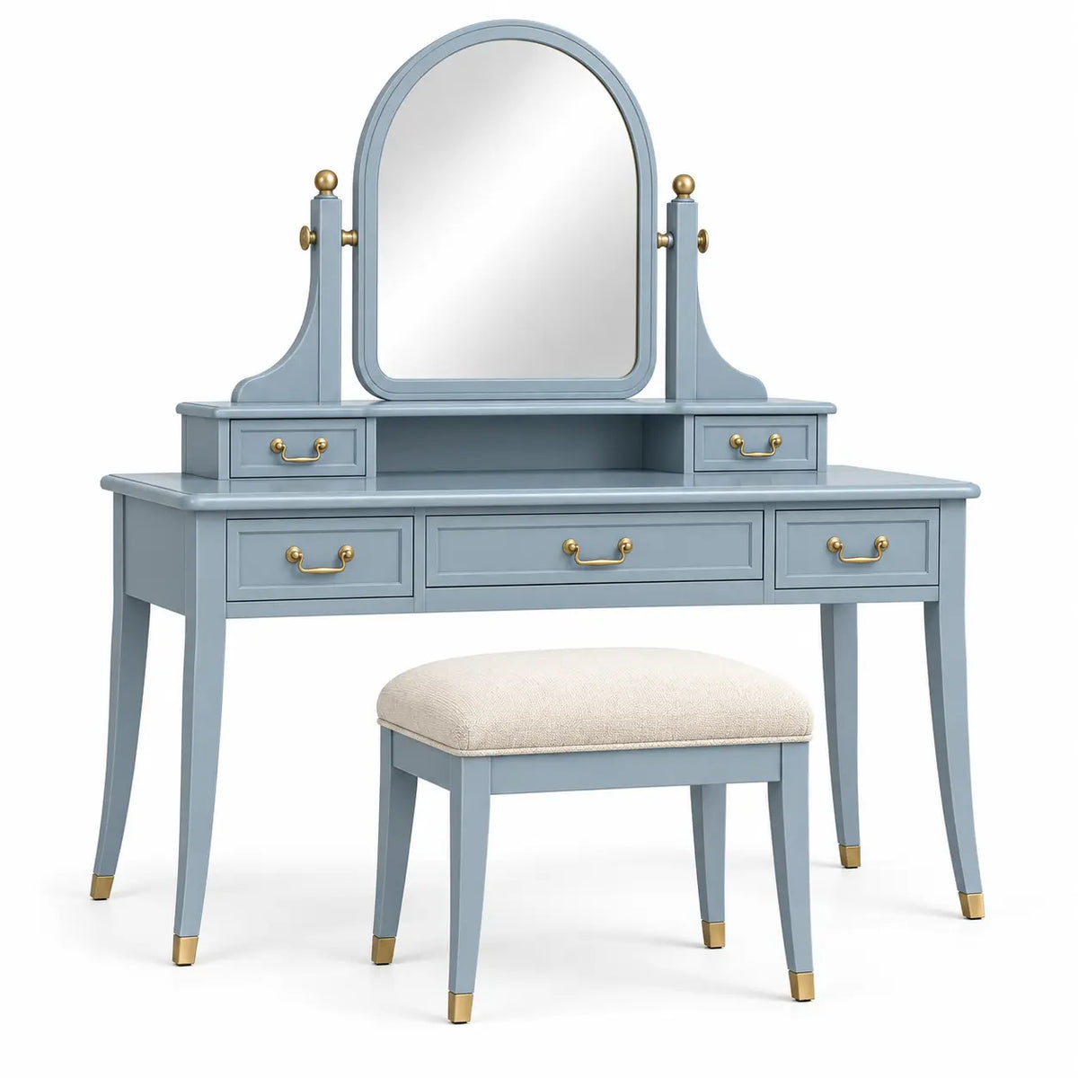 Blue and beige dresser with curved mirror and drawers, modern design, by polyandpolish.