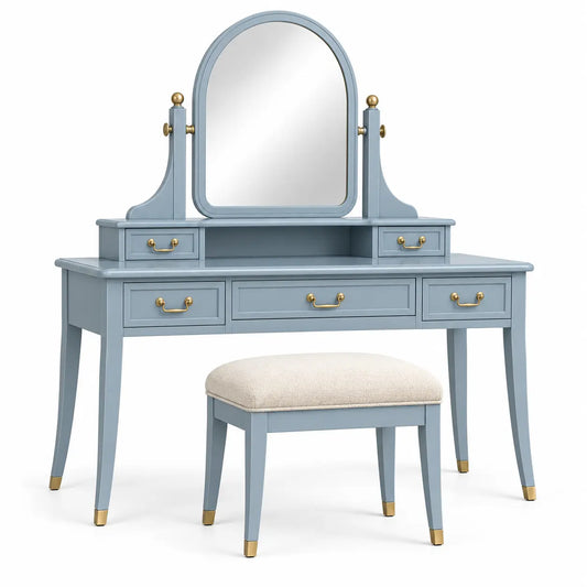 Blue and beige dresser with curved mirror and drawers, modern design, by polyandpolish.