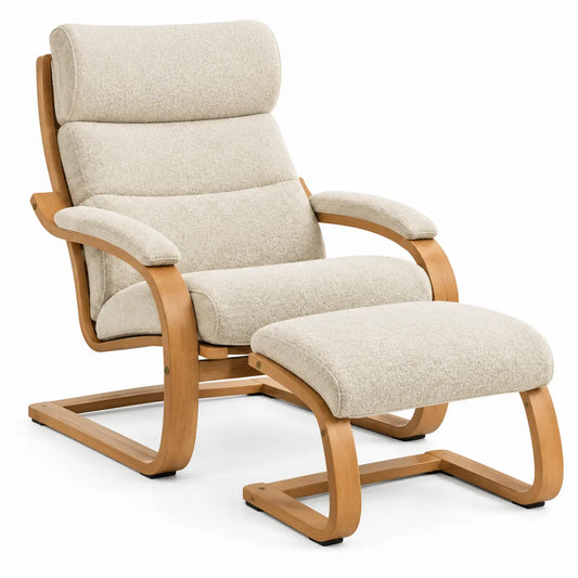 Sillón con reposapiés con respaldo alto, beige y marrón