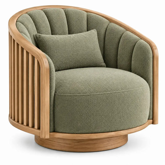 Sillón tapizado de líneas curvas con detalles de líneas verticales, verde y marrón