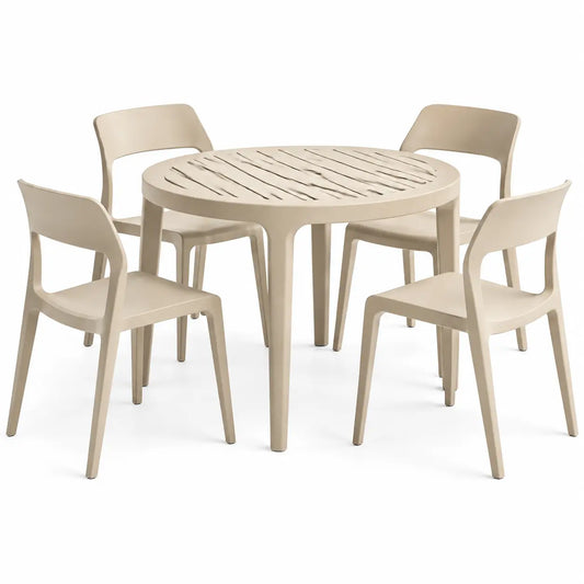 Conjunto de mesa y cuatro sillas de contorno redondeado, beige y marrón