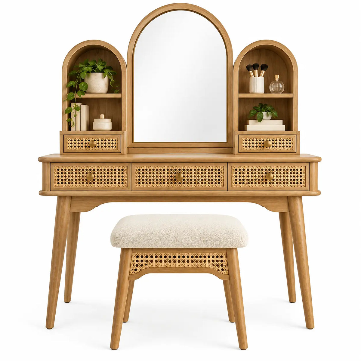 Polyandpolish brown and beige arched vanity dresser with mirror and shelves, featuring a stylish, modern design.