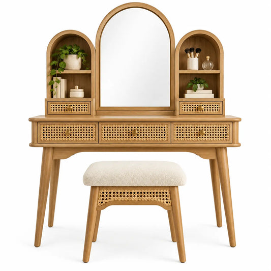 Polyandpolish brown and beige arched vanity dresser with mirror and shelves, featuring a stylish, modern design.