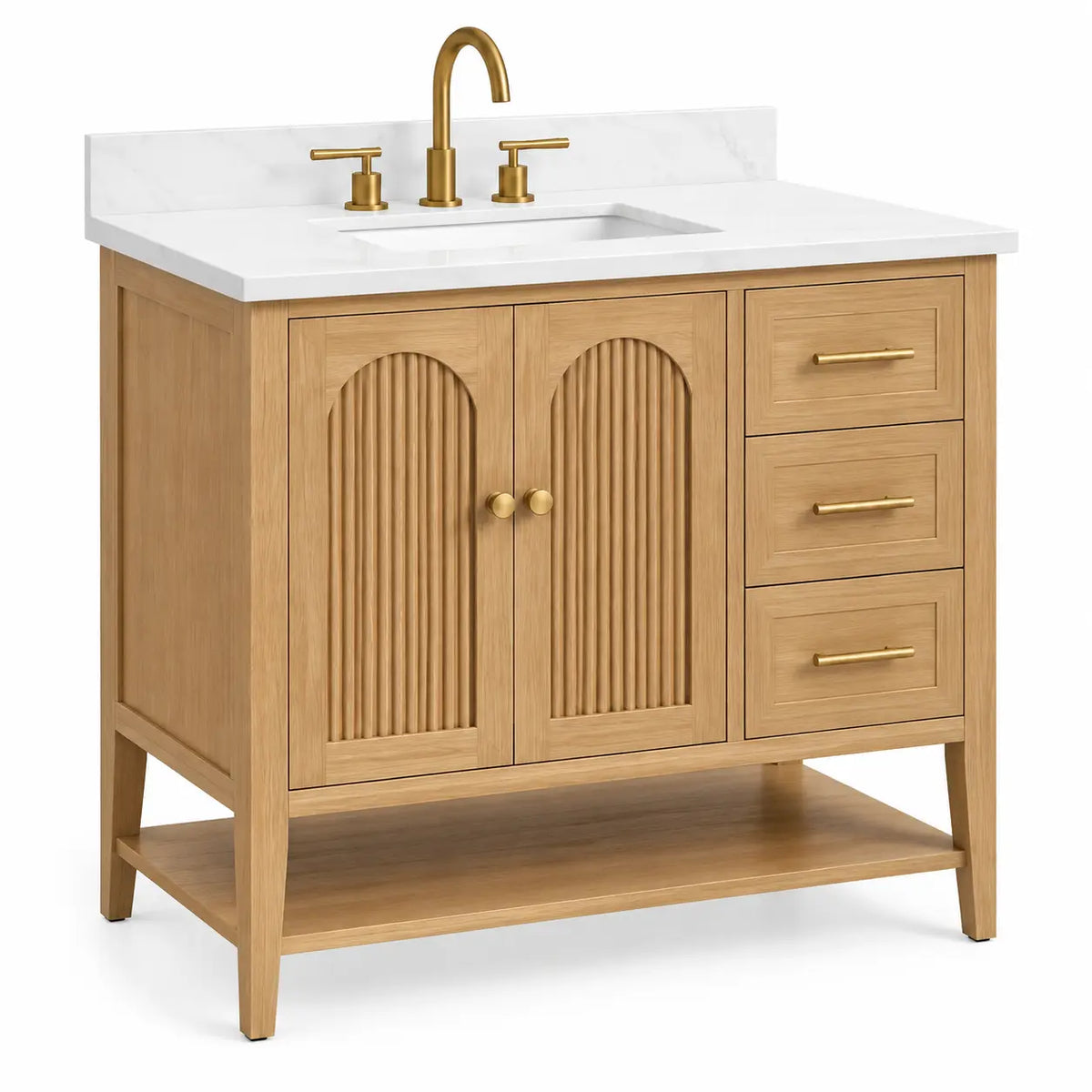 Mueble de baño con lavabo con detalles de líneas verticales y cajones, marrón y blanco