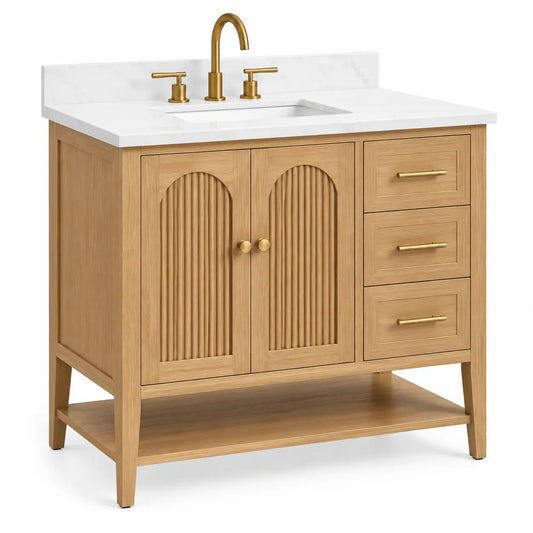 Mueble de baño con lavabo con detalles de líneas verticales y cajones, marrón y blanco