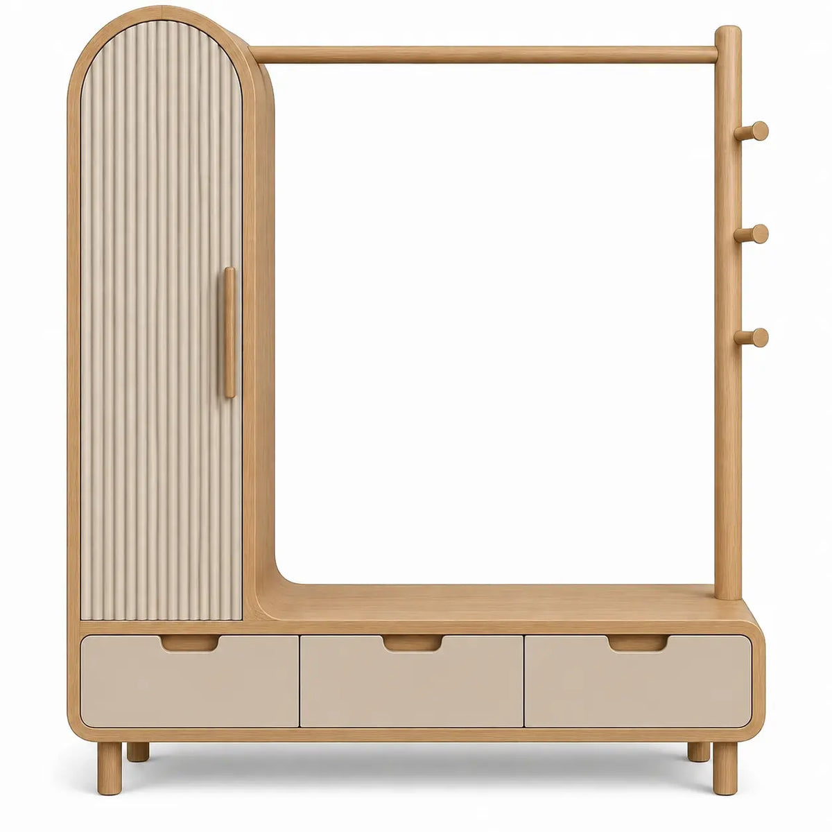 Mueble de recibidor con formas arqueadas y cajones, marrón y blanco