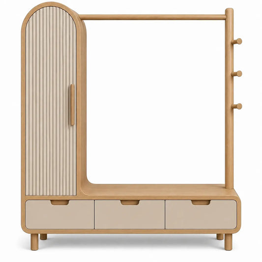 Mueble de recibidor con formas arqueadas y cajones, marrón y blanco