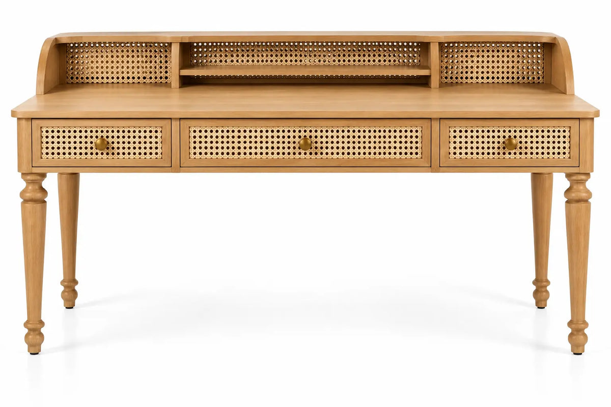 Polyandpolish brown desk with storage, woven details, and shelves, ideal for organized workspace and modern office decor.