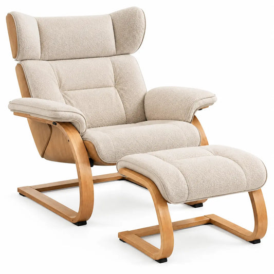 Sillón con reposapiés con respaldo alto, beige y marrón