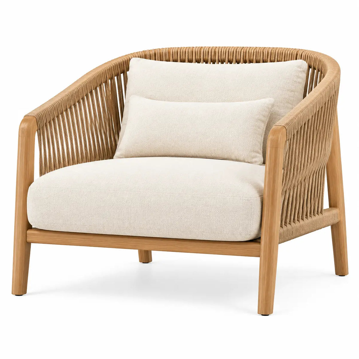 Sillón con estructura abierta con detalles de líneas verticales, beige y marrón